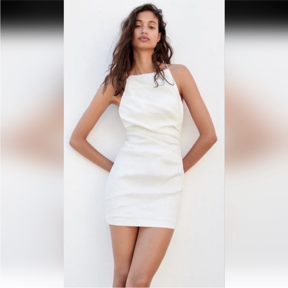 Zara White Linen Draped Dress S M